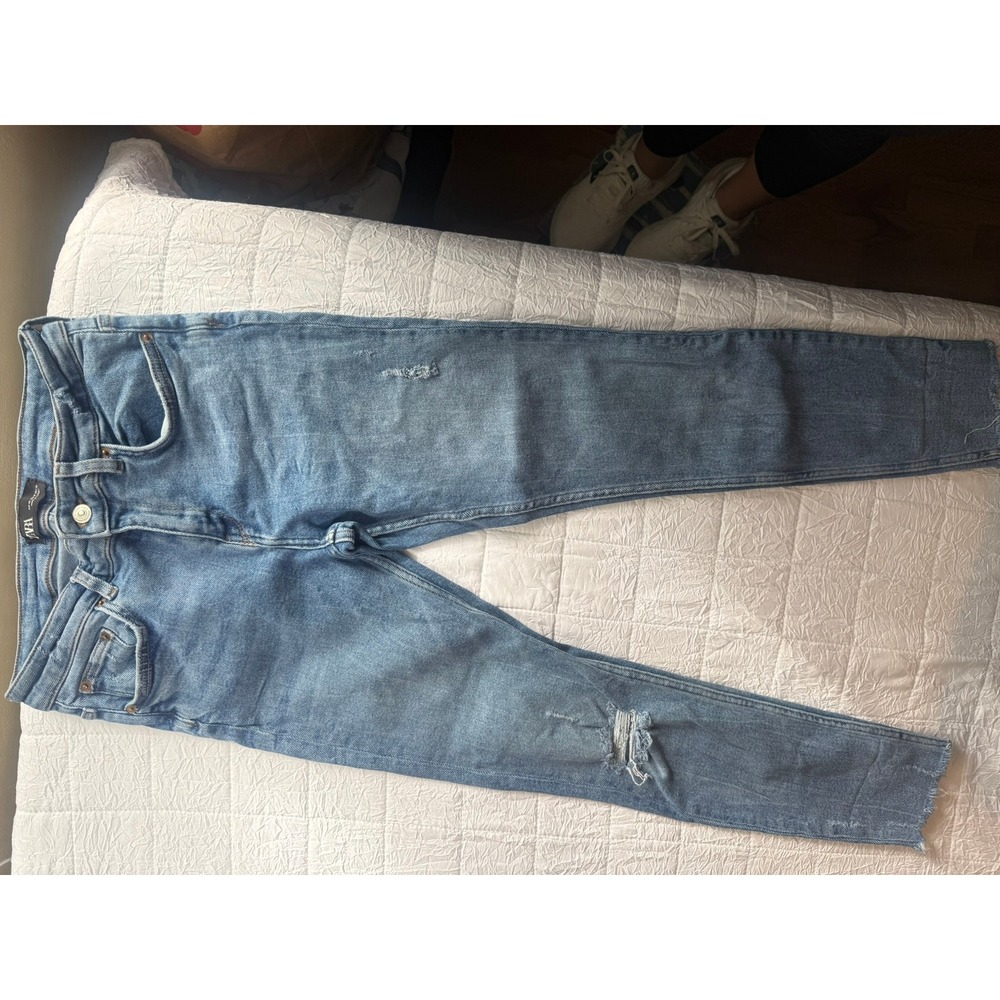 Zara Premium Denim Collection Distressed Raw Hem Slim Jeans Blue Womens Size 8